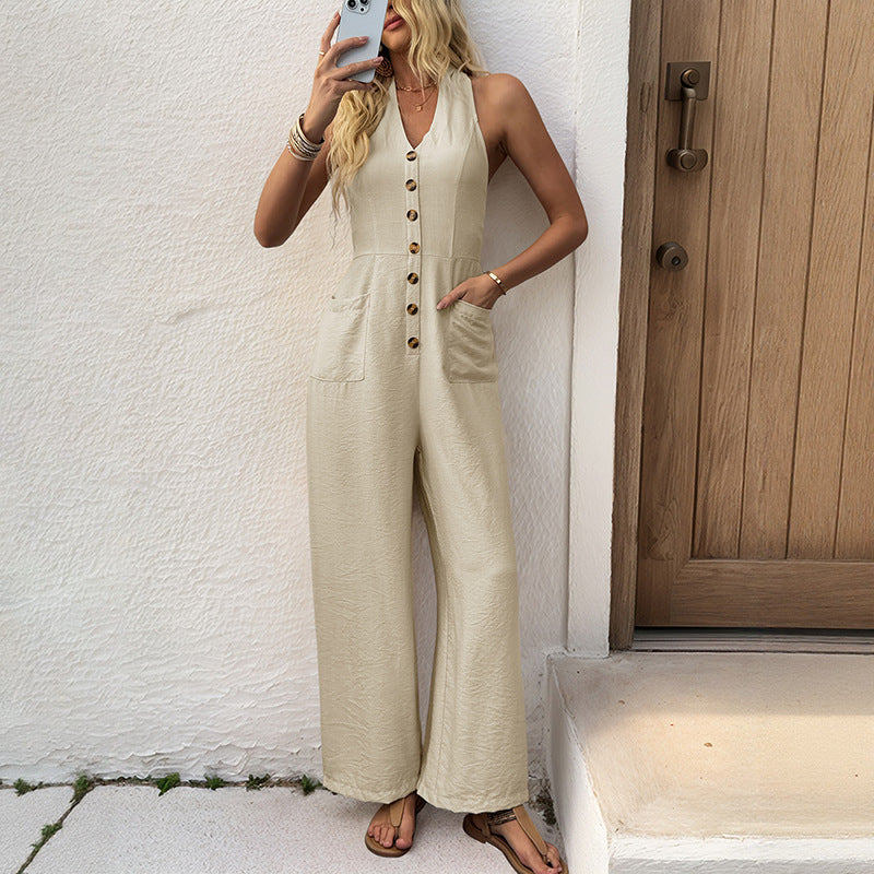 All Match Simple Casual Holiday Slim Looking Halter Solid Color Wide Leg Jumpsuit