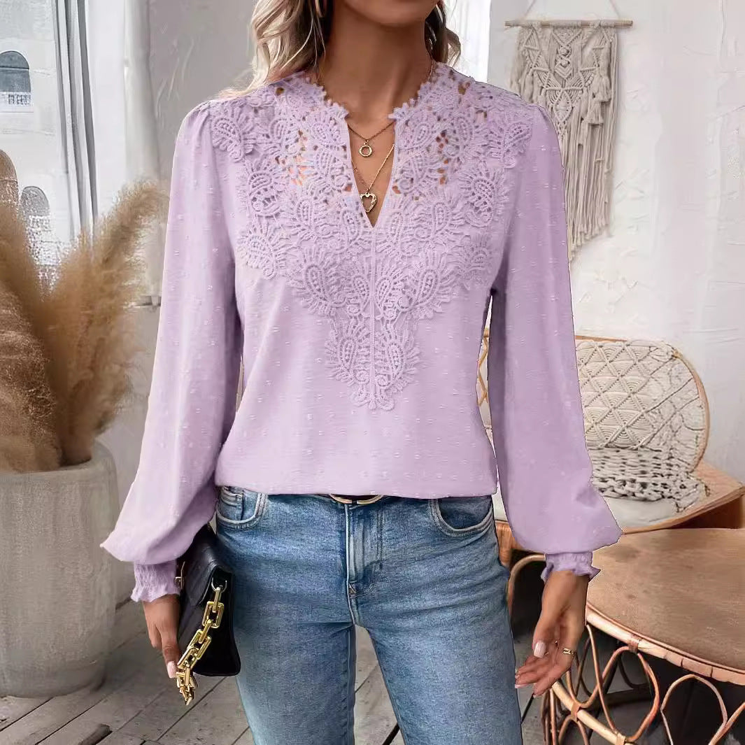 Autumn Winter V neck Lace Solid Color Long Sleeve Casual T Women Top