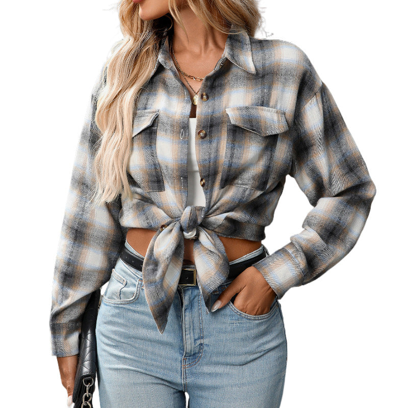 Autumn Winter Women Clothing Casual Loose Plaid Pocket Shirt for Women