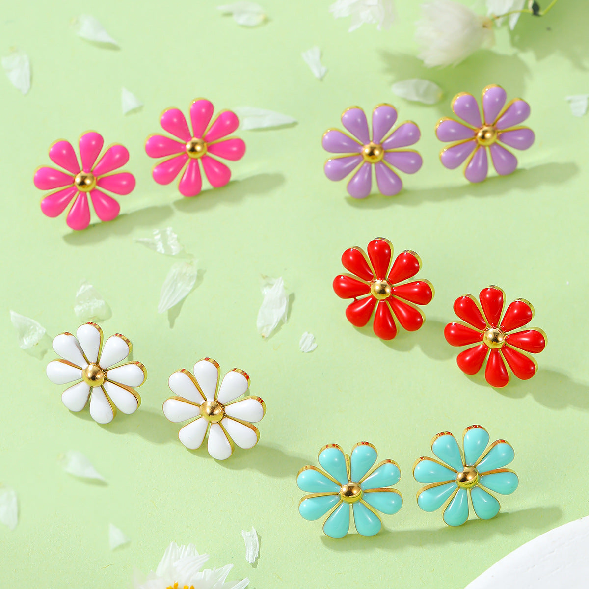 Summer Fresh Little Daisy Drop Oil Titanium Steel Earrings Women Stainless Steel Studs Accessories