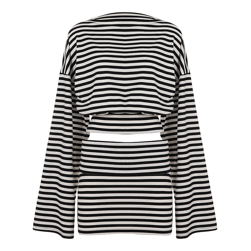 Striped Batwing Sleeve Waist Controlled Long Sleeves T shirt Sheath Skirt Outfit Idle Casual Two Piece Sets