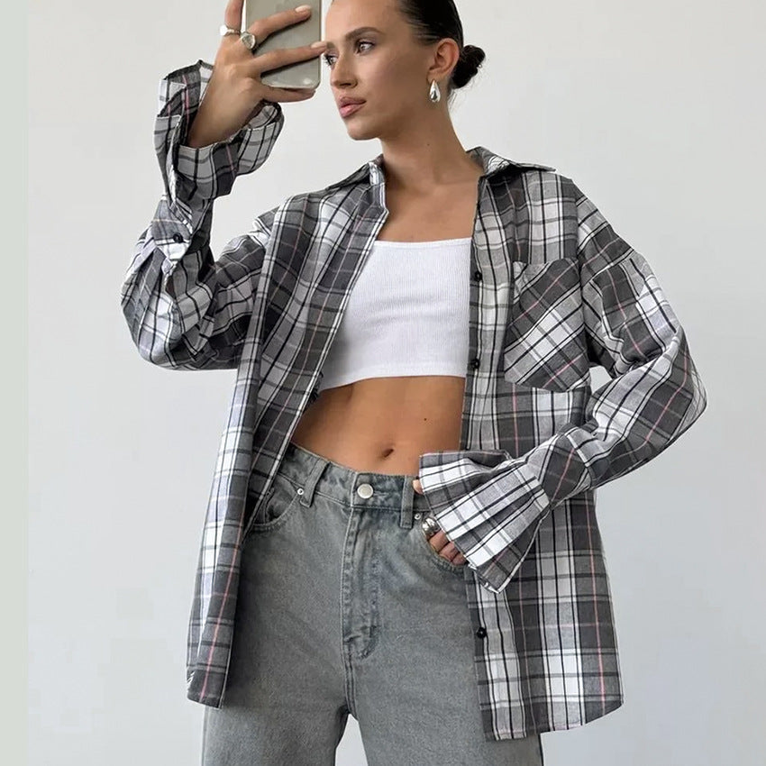 Autumn Winter Wild Classic Polyester Cotton Plaid Long Sleeved Shirt Retro Lazy Casual Women Pocket Loose Shirt