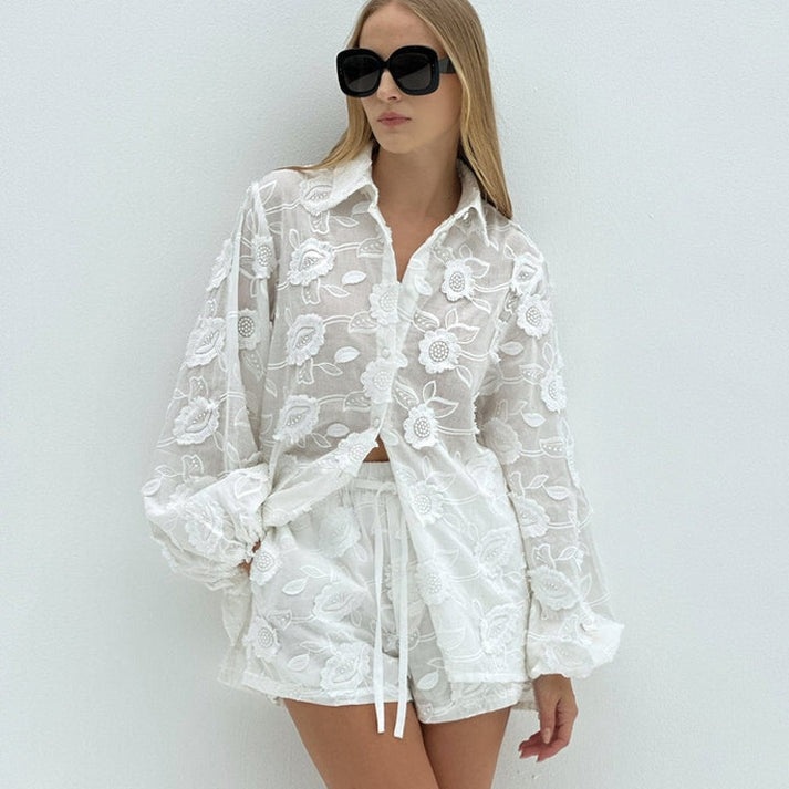 Women Clothing Sexy Lace Suit Embroidery Transparent Shirt High Waist Shorts White