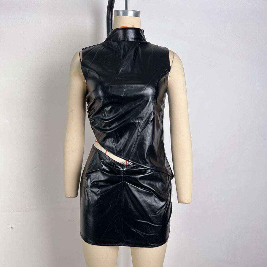 Women Clothing Summer Black Faux Leather Face Stand Collar Sleeveless Pleated Irregular Asymmetric Cropped Outfit Hip Skirt Set for Women