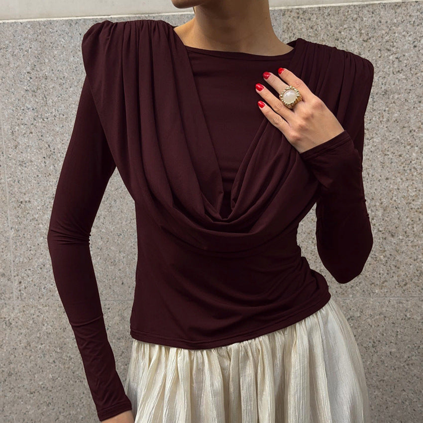 Pleated Waist Tight Swing Collar Long Sleeved T shirt Women Autumn Winter Beautiful Bottoming Top