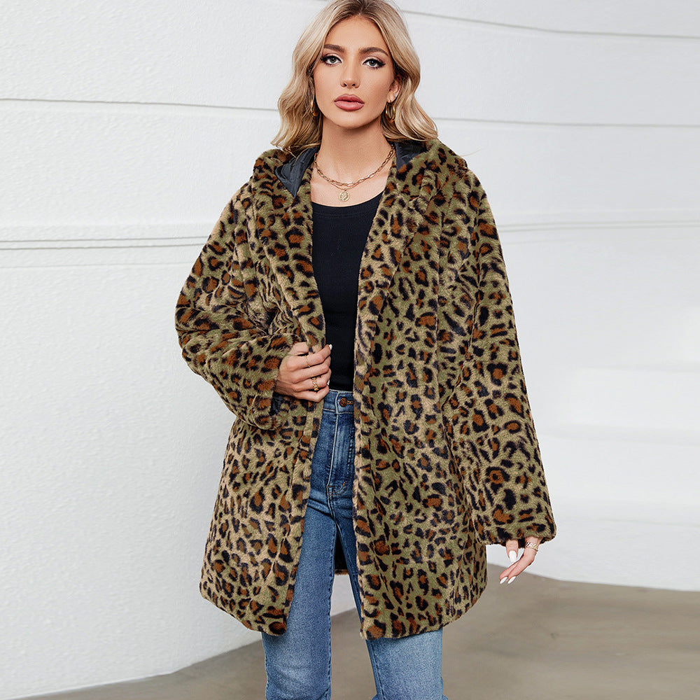 Leopard Print Faux Fur Faux Fur Hooded Autumn Winter Loose Women Clothing Coat Overcoat