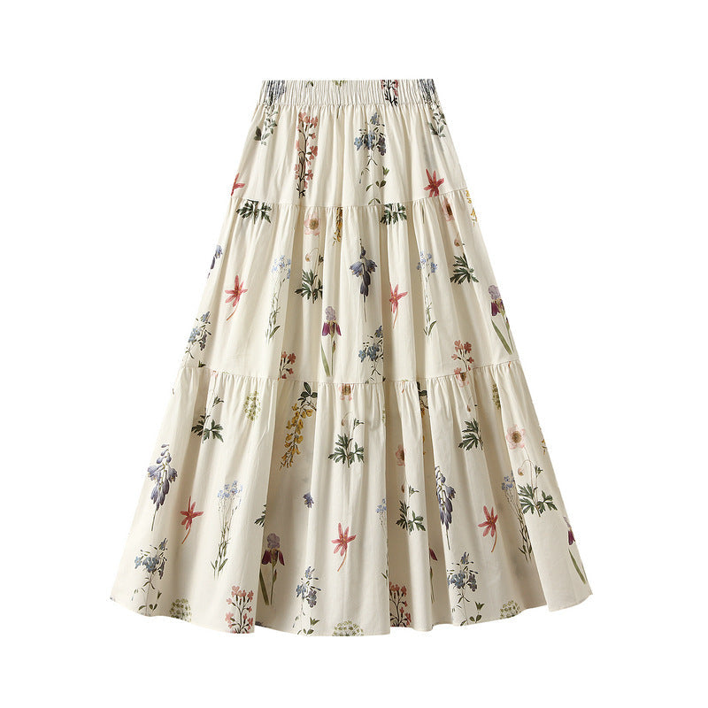 Sweet Floral Skirt Women Summer Series A line Elastic Waist Mid Length Big Hem Umbrella Skirt