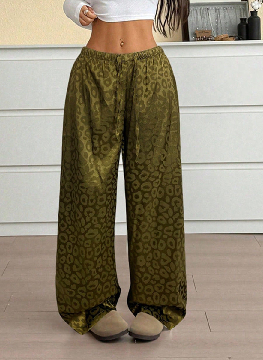 Women Clothing Autumn Satin Casual Pants Drawstring Leopard Print Mop Wide Leg Pants Long Pants