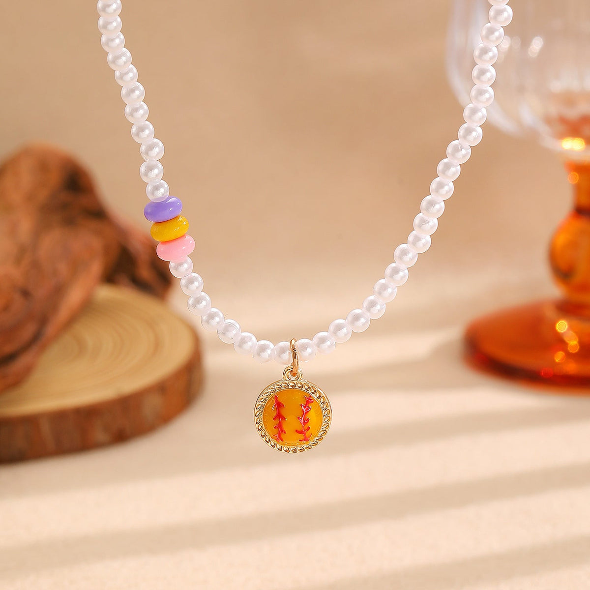 Sporty Soccer Football Rugby Pendant Pearl Beaded Necklace Bracelet Earrings Set