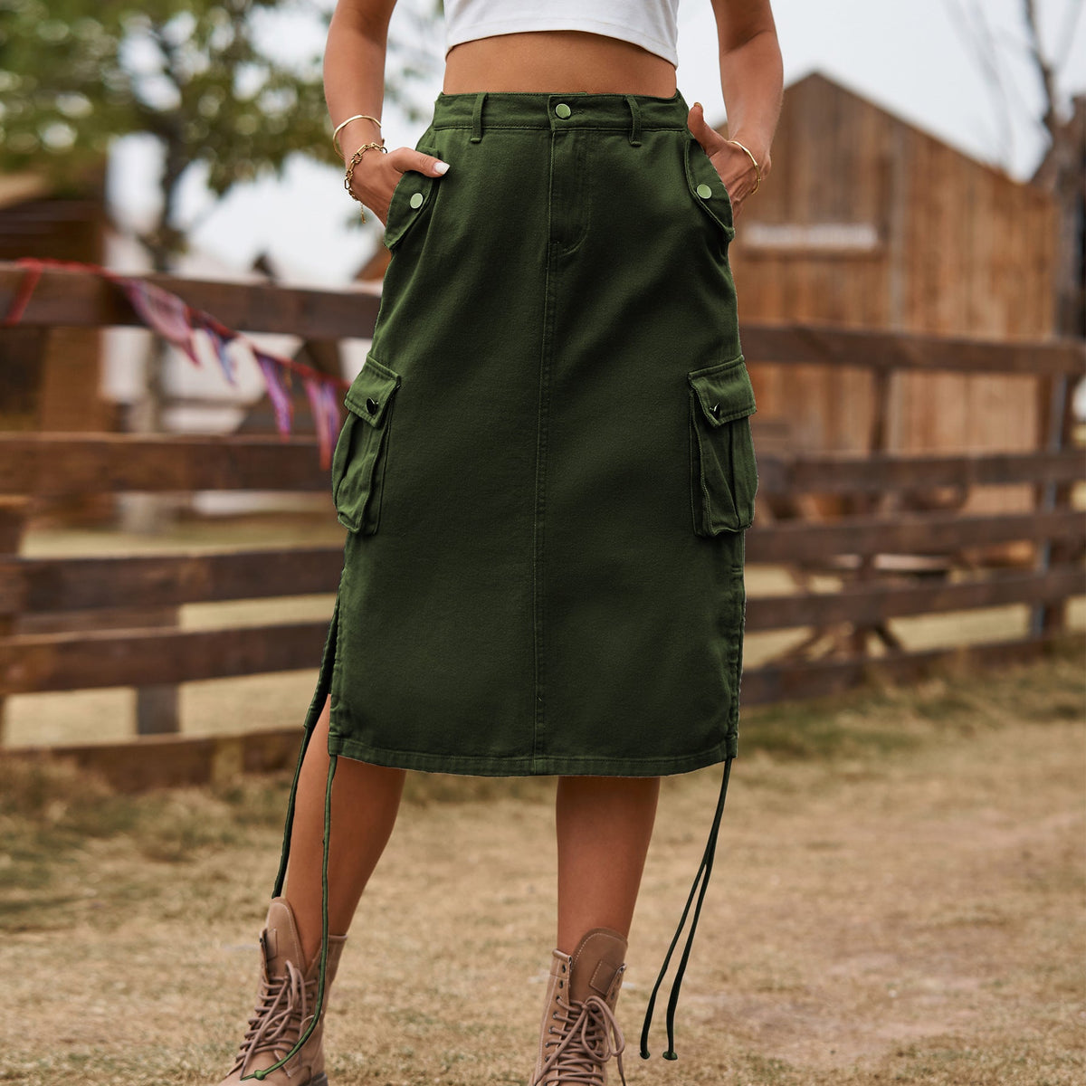 Women Clothing Denim Lace Up Skirt Casual Mid Length Skirt
