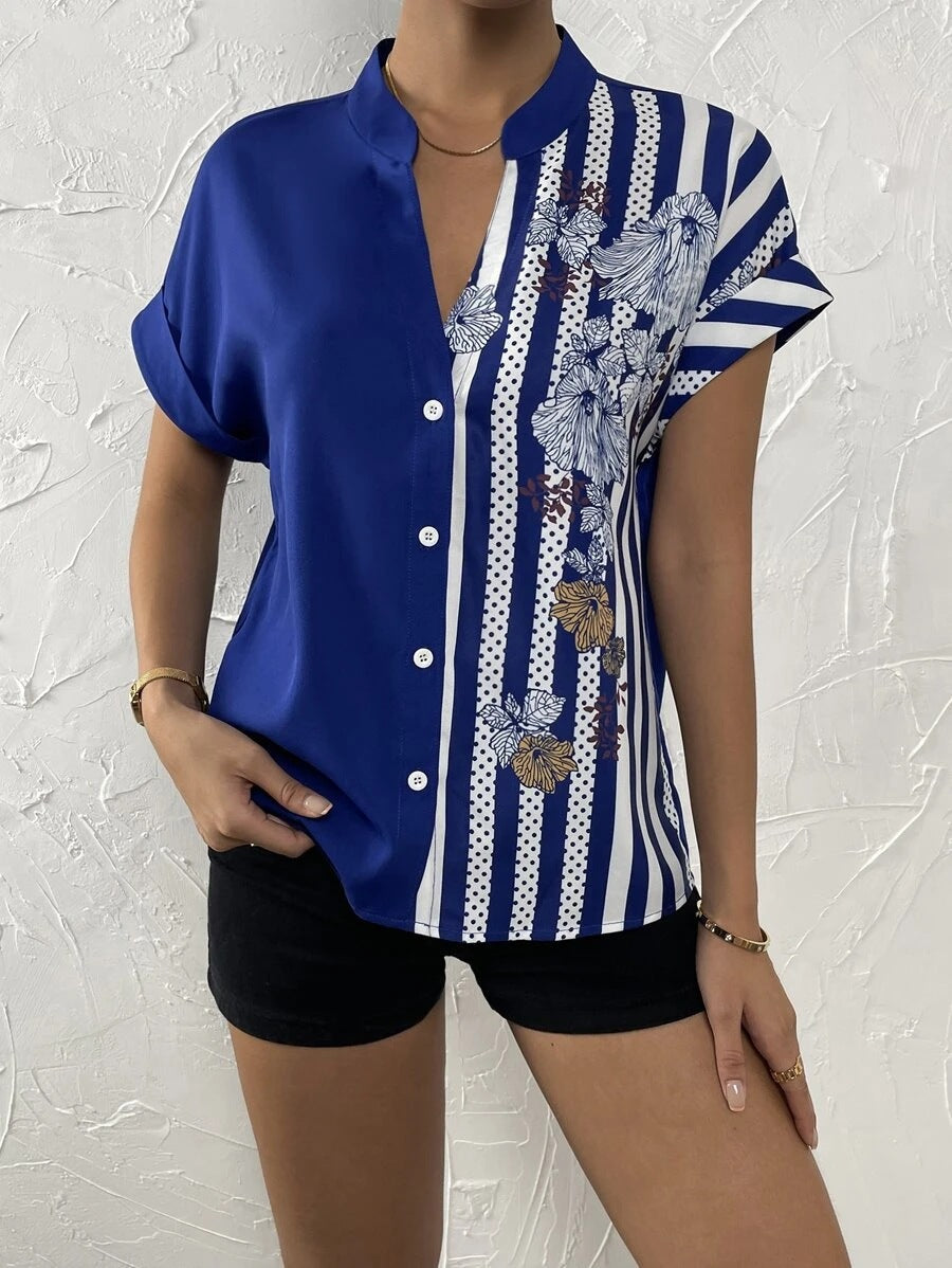 Women Clothing Summer Double Matching Contrast Color Floral Button Cardigan Short Sleeve Shirt Women