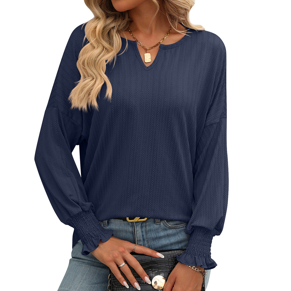 Women Clothing Summer Loose V Neck Smocking Top Batwing Sleeve T Shirt Women