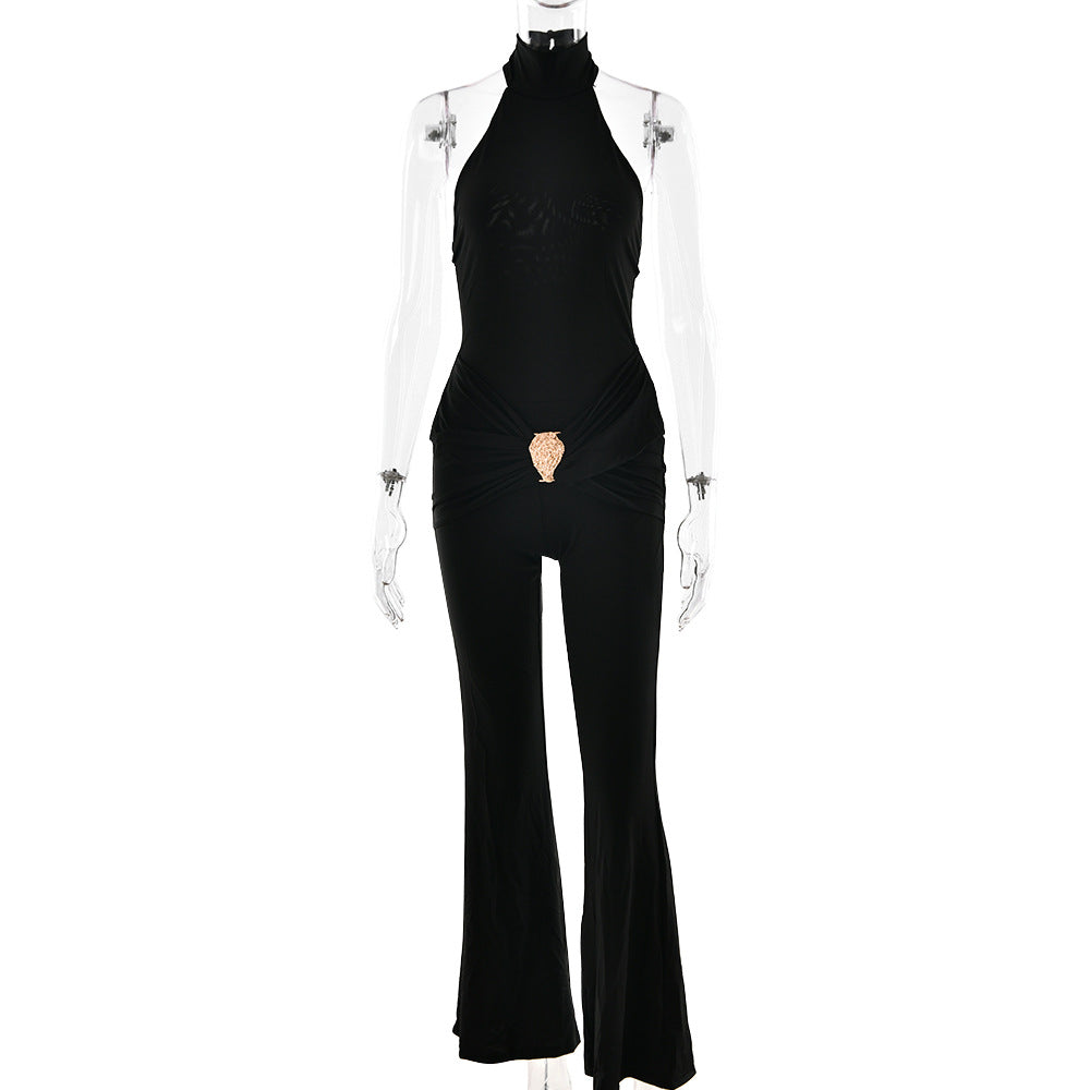Summer Half Turtleneck Women Jumpsuit Sexy Backless Sleeveless Slim Fit Bodysuit