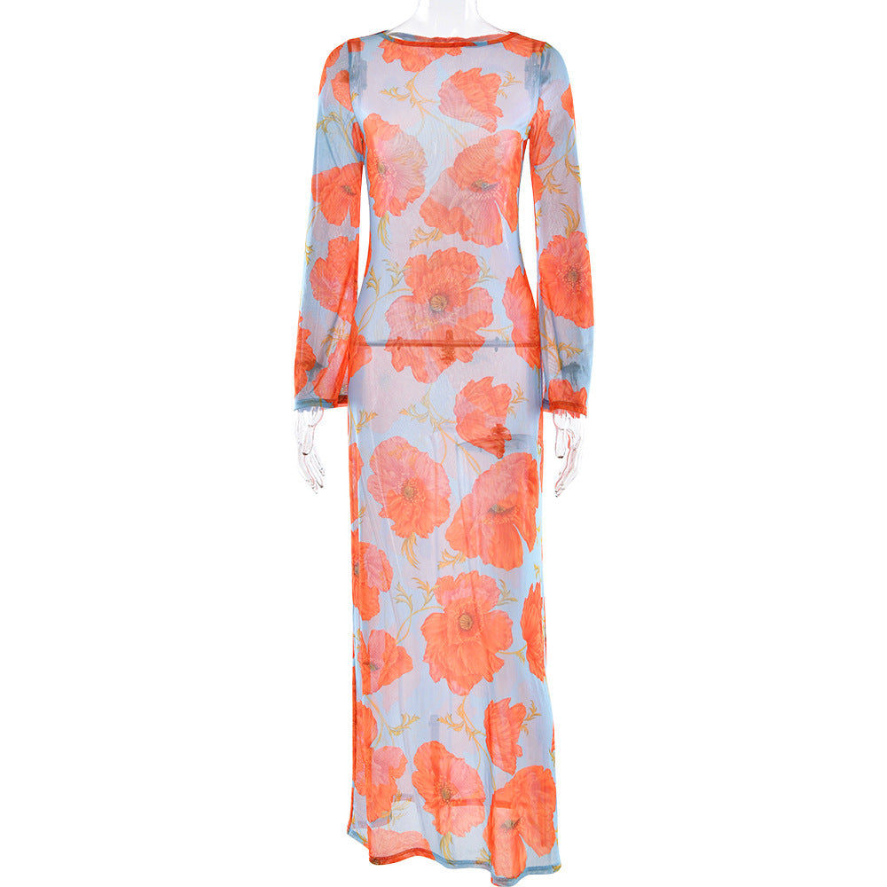 Sexy See through Mesh Floral Print Dress Lazy Casual Wild Dress