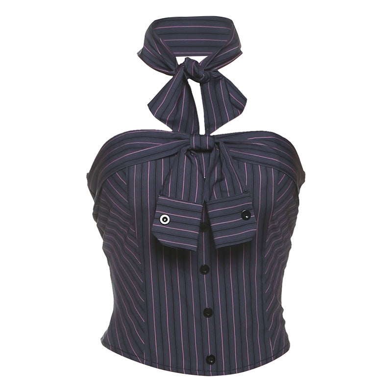 Women Clothing Fall Sexy Slim Fit Bow Striped Tube Top Bow Tie Vest Two Piece Set