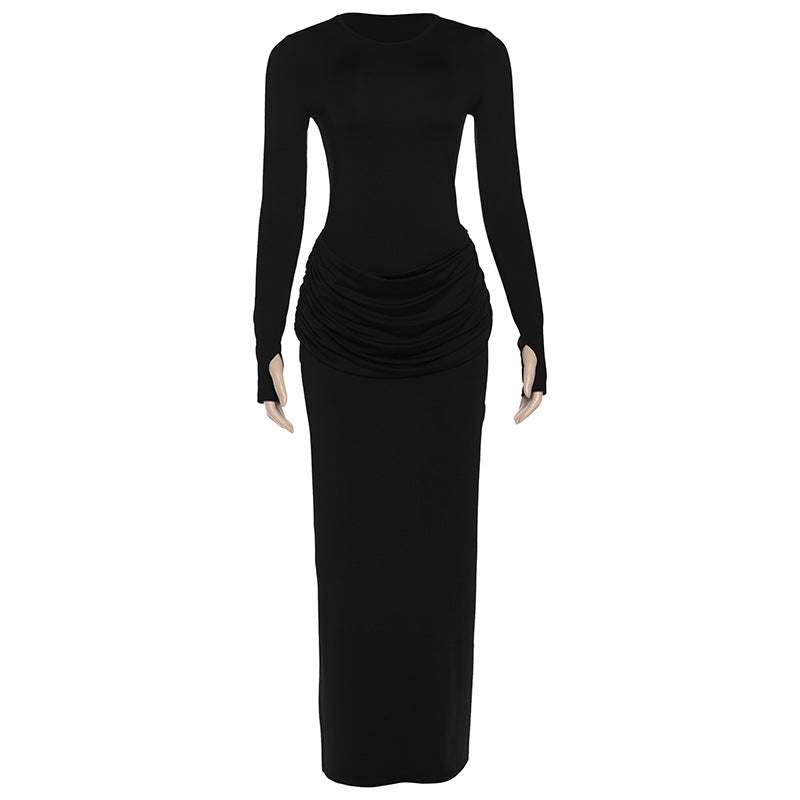 Women Clothing Autumn Winter Slim round Neck Solid Color Fold Split Long Sleeve Elegant Dress for Women