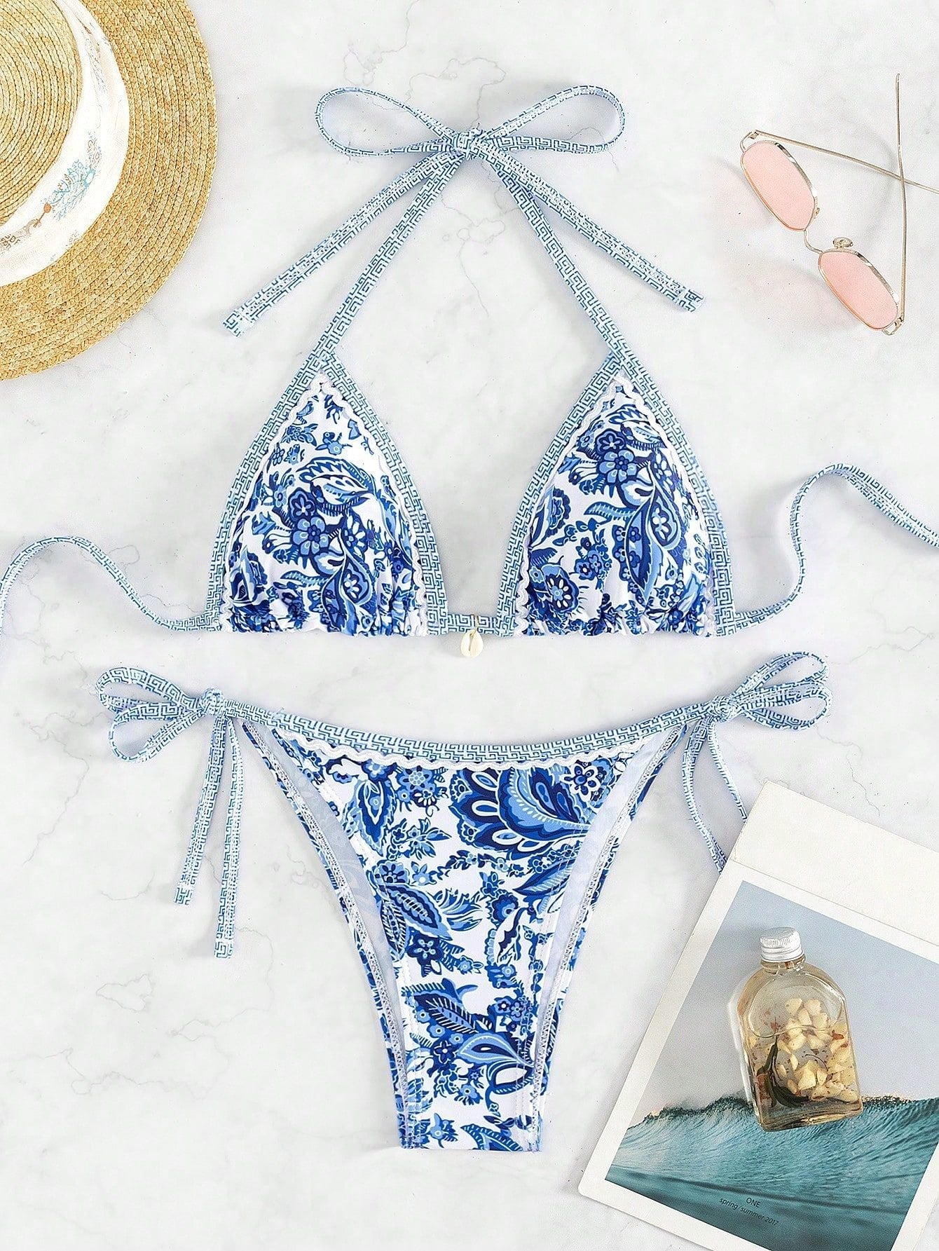 Hemming contrasting print strap sexy bikini split swimsuit Batwing Short Sleeve Shirt W Plants Print