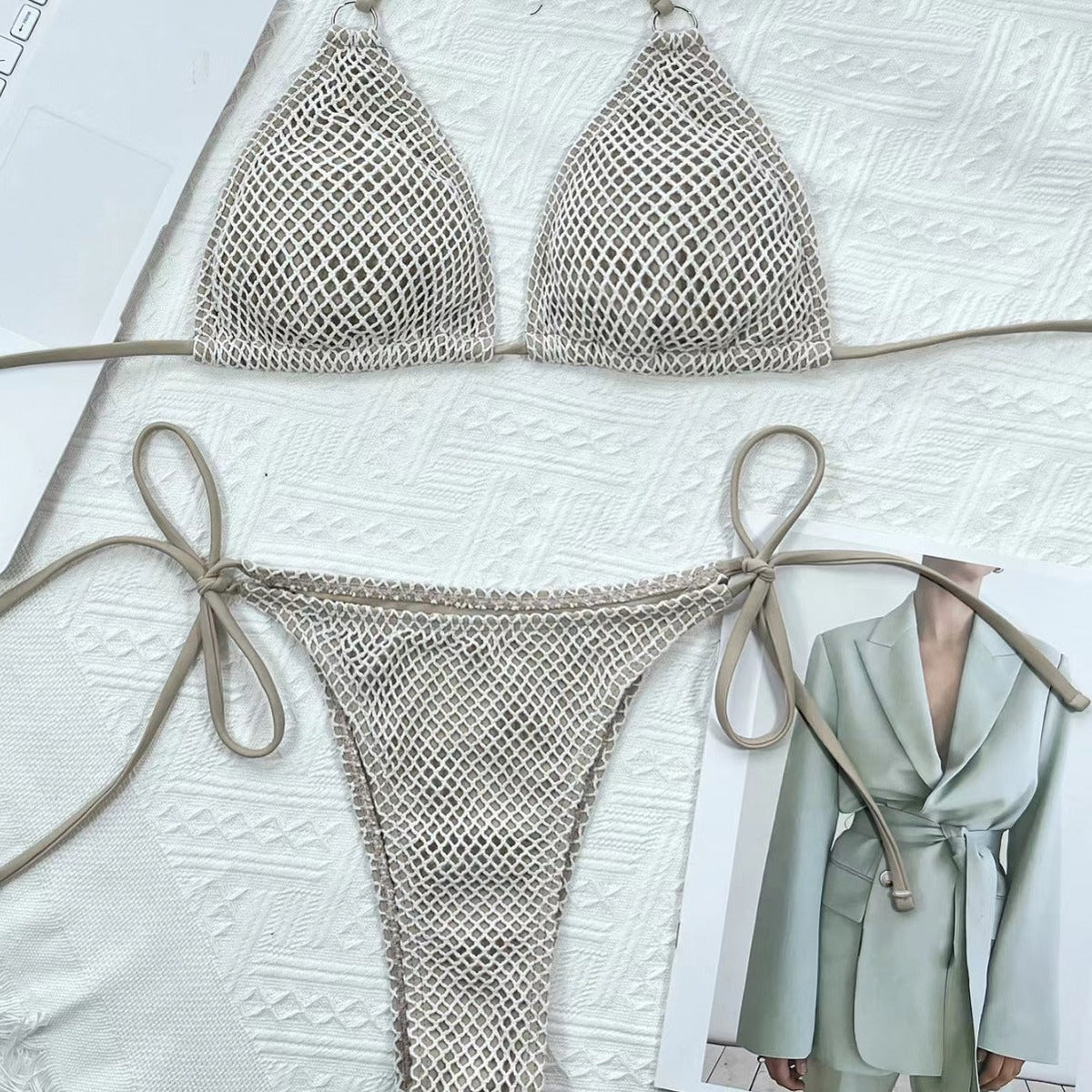 Mesh Fabric Solid Color Split Bikini Swimsuit, Stylish Sexy Beach Hot Spring Resort Swimsuit Swim Hollow Out Halter Bikini Swimsuit