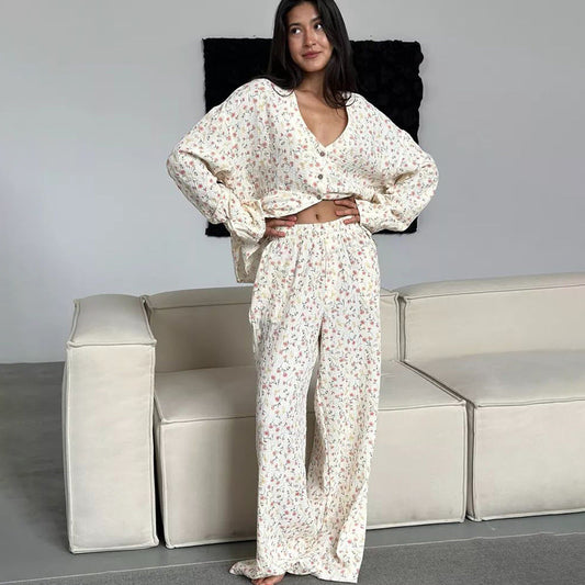 Loose Comfortable Homewear Spring Pure Cotton Printed Long Sleeved Trousers Comfortable Pajamas Women