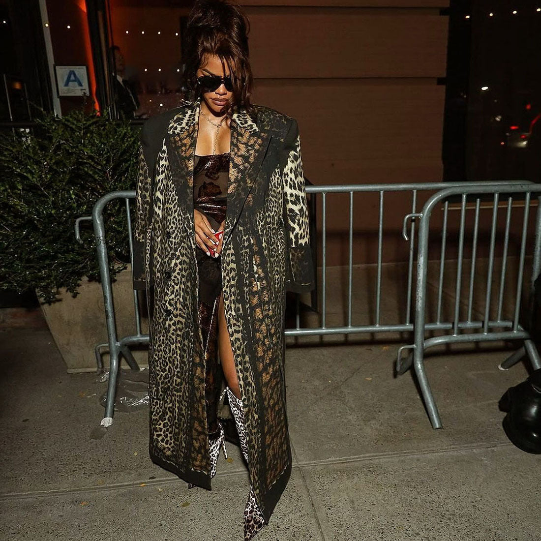 Autumn Winter Women Clothing Collared Print Leopard Print Long Casual Bandage Trench Coat
