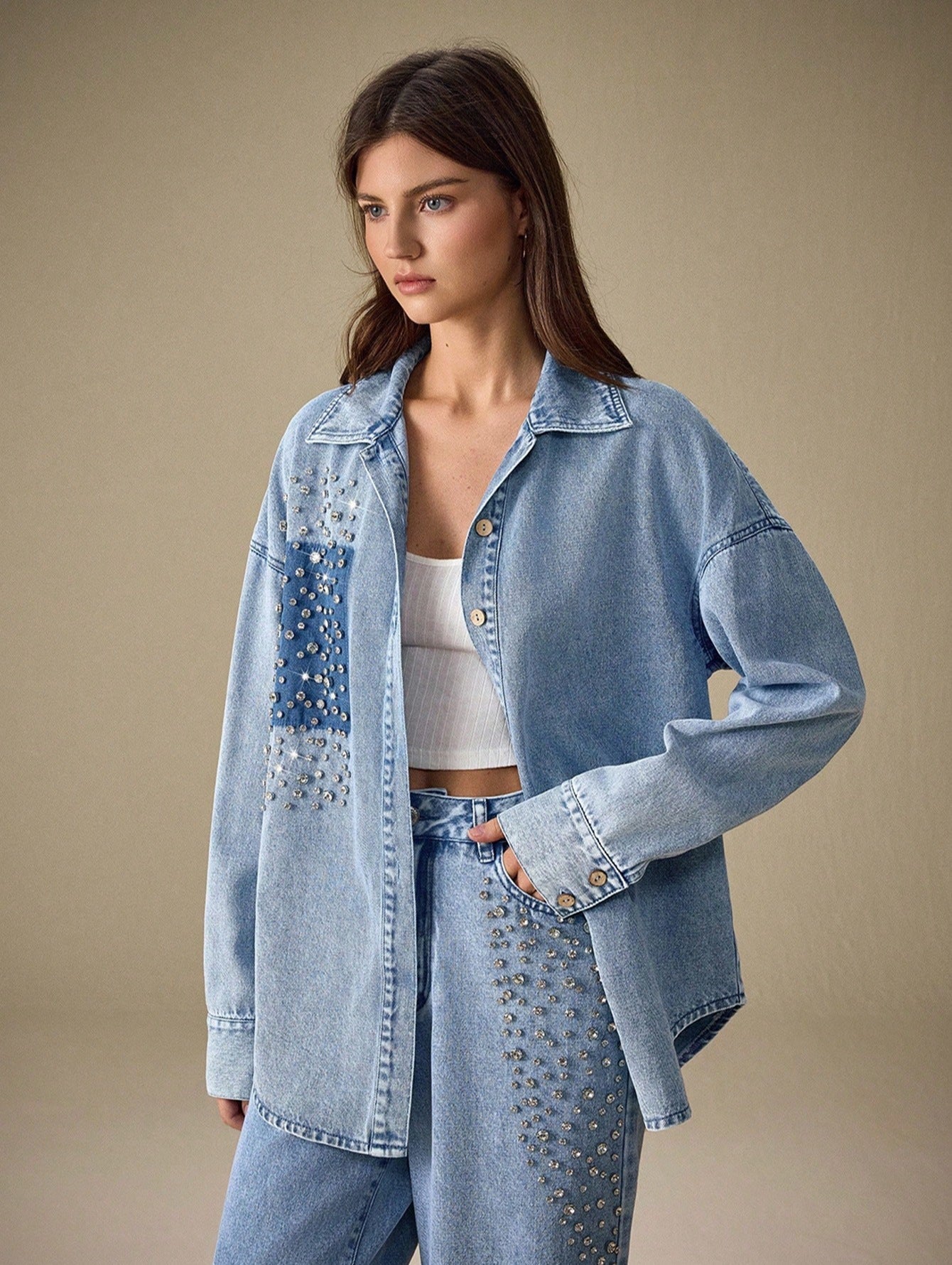 Women Clothing Light Luxury Diamond Casual Washed out Loose Denim Shacket