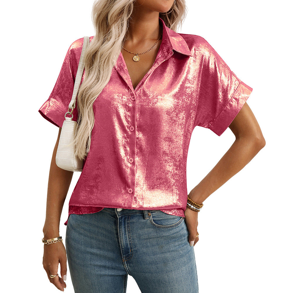 Summer Casual Loose Craft Short Sleeve Collared Metallic Shirt