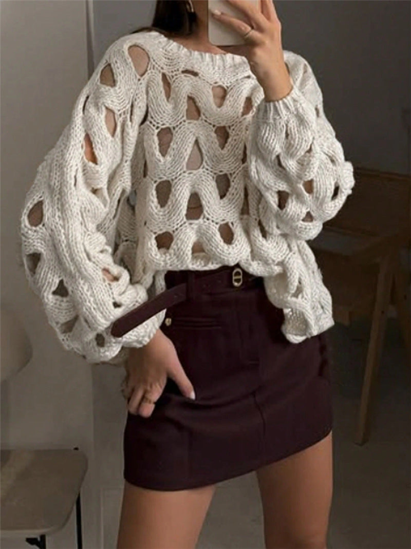 Women asual Solid Color Casual Vacation Beach Hollow Out Cutout-out Hook Floral Long Sleeve Sweater Pullover