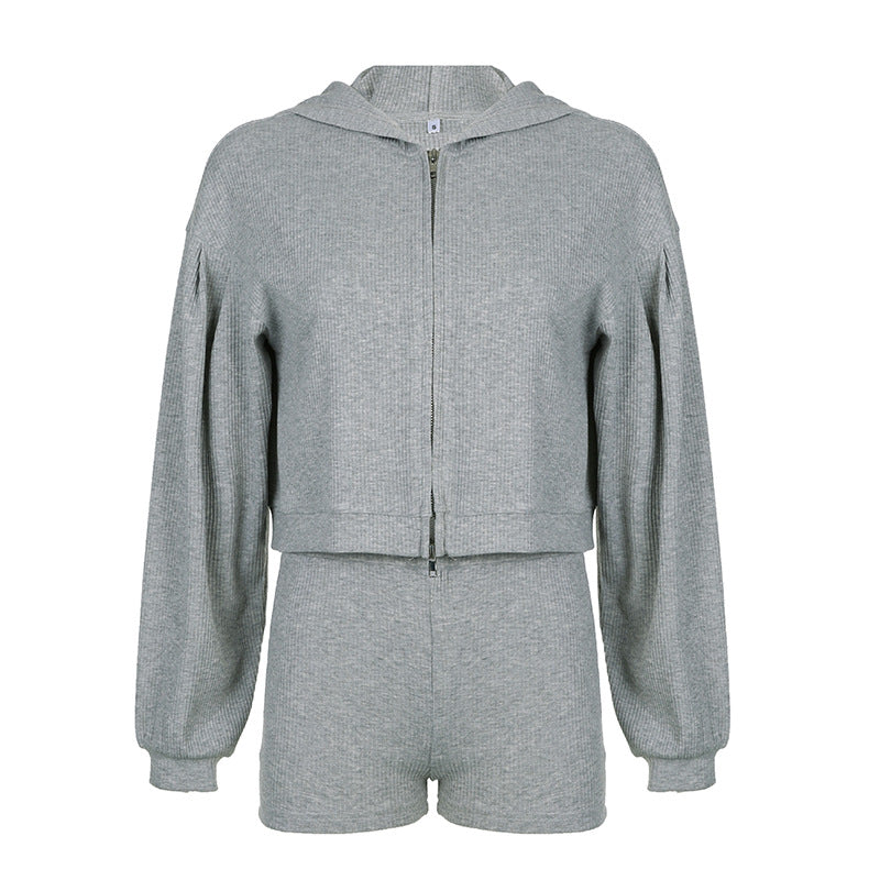Sports Basic Solid Color Hooded Loose Zip Coat Vest Shorts Casual Three Piece Set