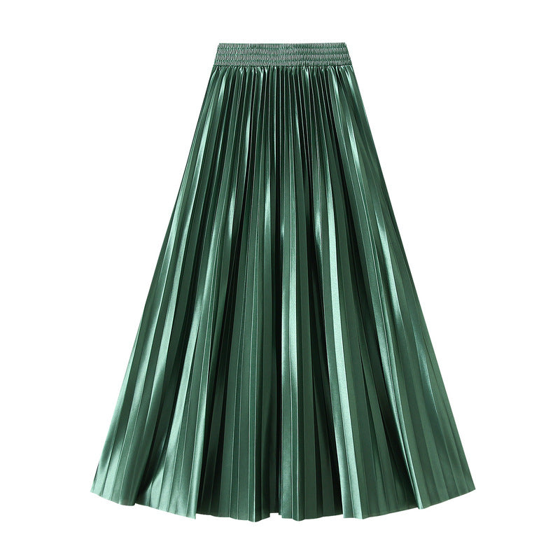Slimming Spring Glossy Glossy High Waist Pleated A line Slimming Long Skirt Women Skirt