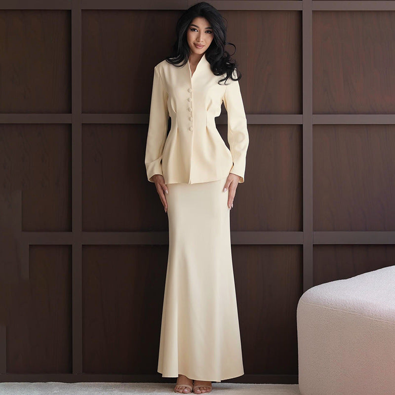 Autumn Winter Women Clothing Waist Controlled Button Long Sleeved Jacket Slim Fit Solid Skirt Two Piece Sets Women