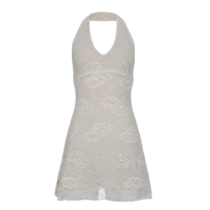 Women Sexy Lace Stitching V neck Low Cut Bottoming Dress Sleeveless Double Layer Waist A line Dress