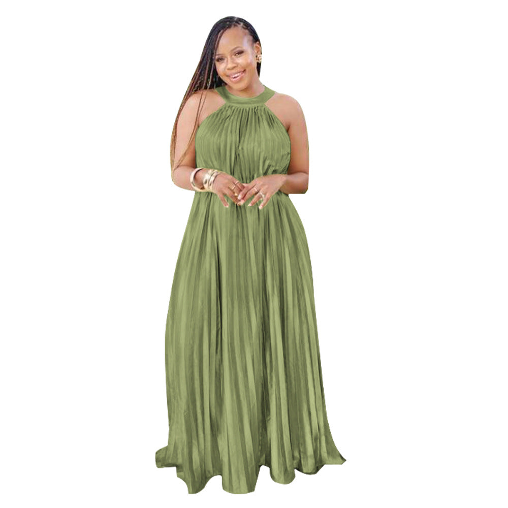 Women Wear Sleeveless Cold Shoulder Artificial Silk Pleated Large Swing Dress