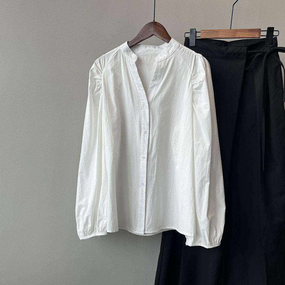 Stand Collar Shirt Women Spring Pleated Puff Sleeve Baby Shirt