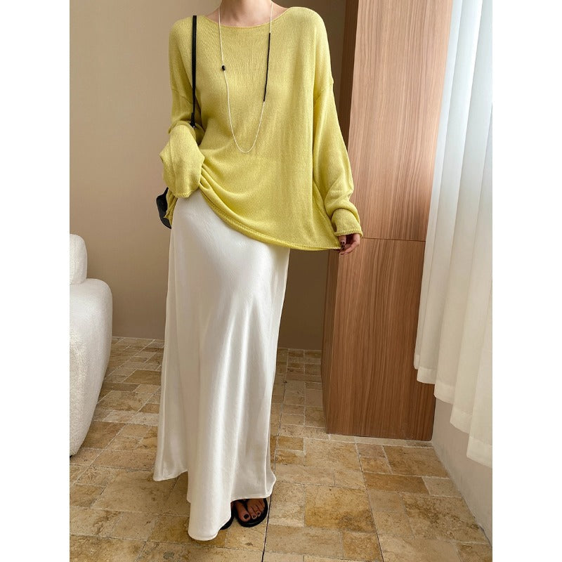 Light Oxygen Breathing Feeling Tencel Linen Lazy Curling with round Neck Loose Sun Protection Knitted Blouse