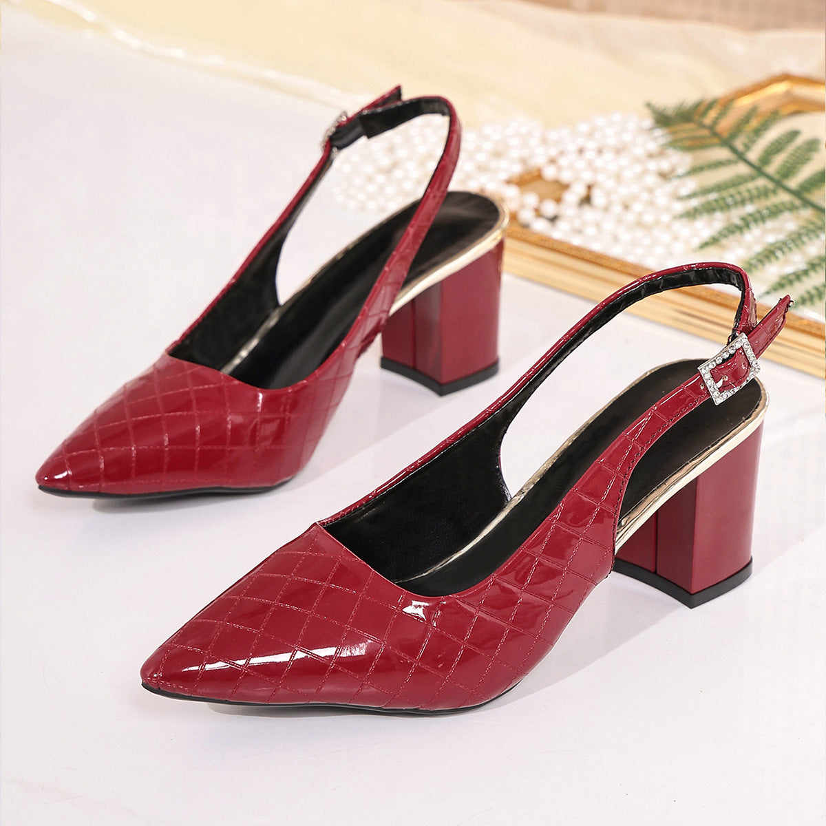 Summer Retro Pointed Office Sexy High Heel Toe Box Women Sandals Plaid Chunky Heel