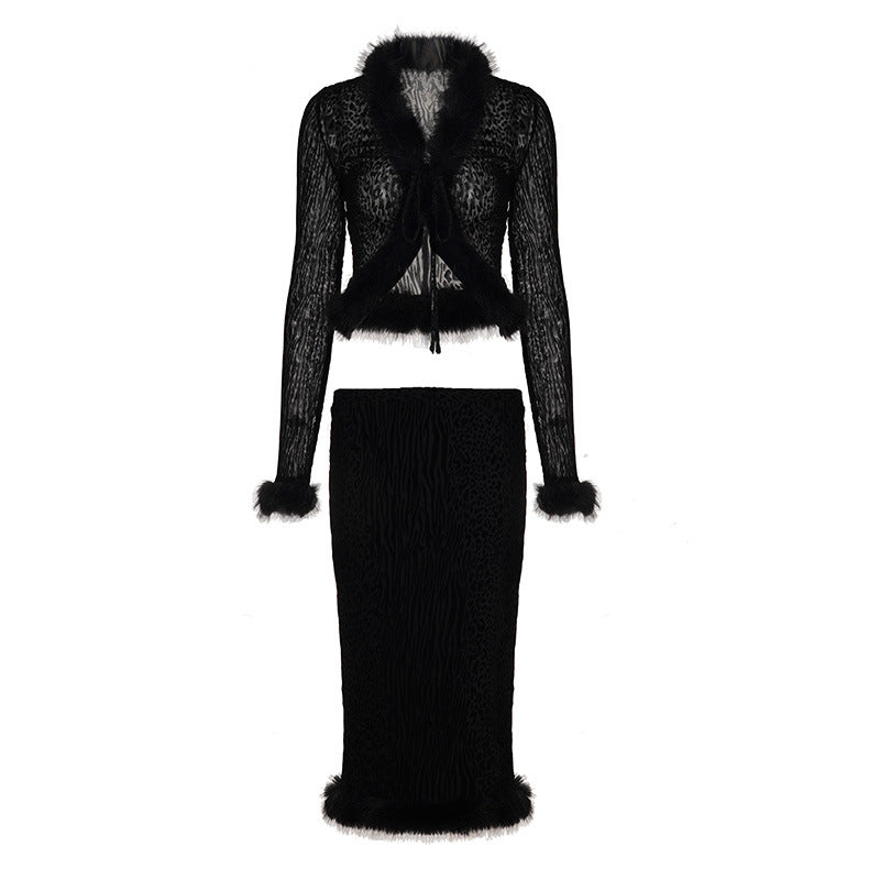 Sexy Flocking Wool Tops Lace up Cardigan Leopard Print Skirt Women Fur Stitching Two Piece Sets
