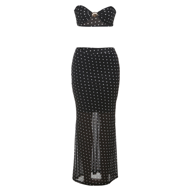 Women Clothing Spring Summer Sexy Polka Dot Tube Top Vest Slim Fit Sheath Mesh Skirt Two Piece Set