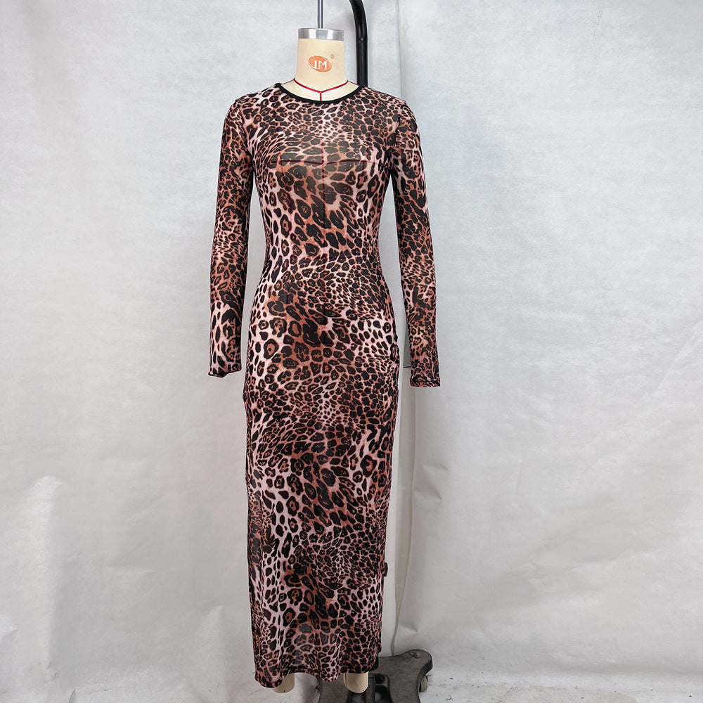Women Clothing Round Neck Long Sleeve Mesh Floral Print Slit Dress Women Beach Vacation