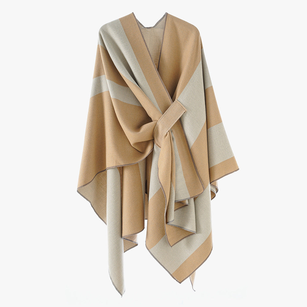 Double Sided Cape Shawl Outer Wear Women Striped Bar Shawl High Sense Cape Shawl