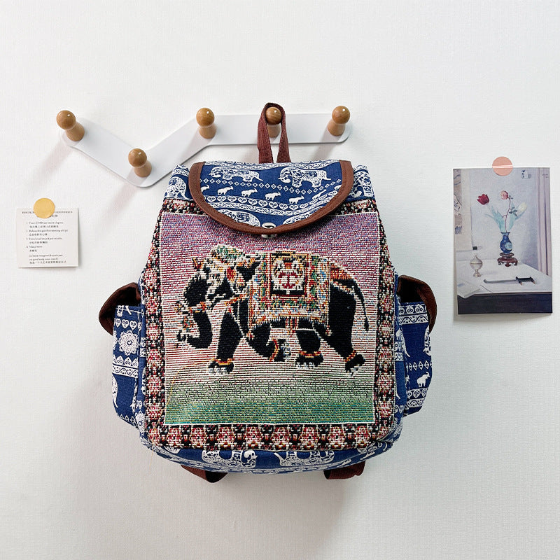 Retro Ethnic Drawstring Backpack – Elephant Embroidery Flap Closure, Bohemian Travel Daypack