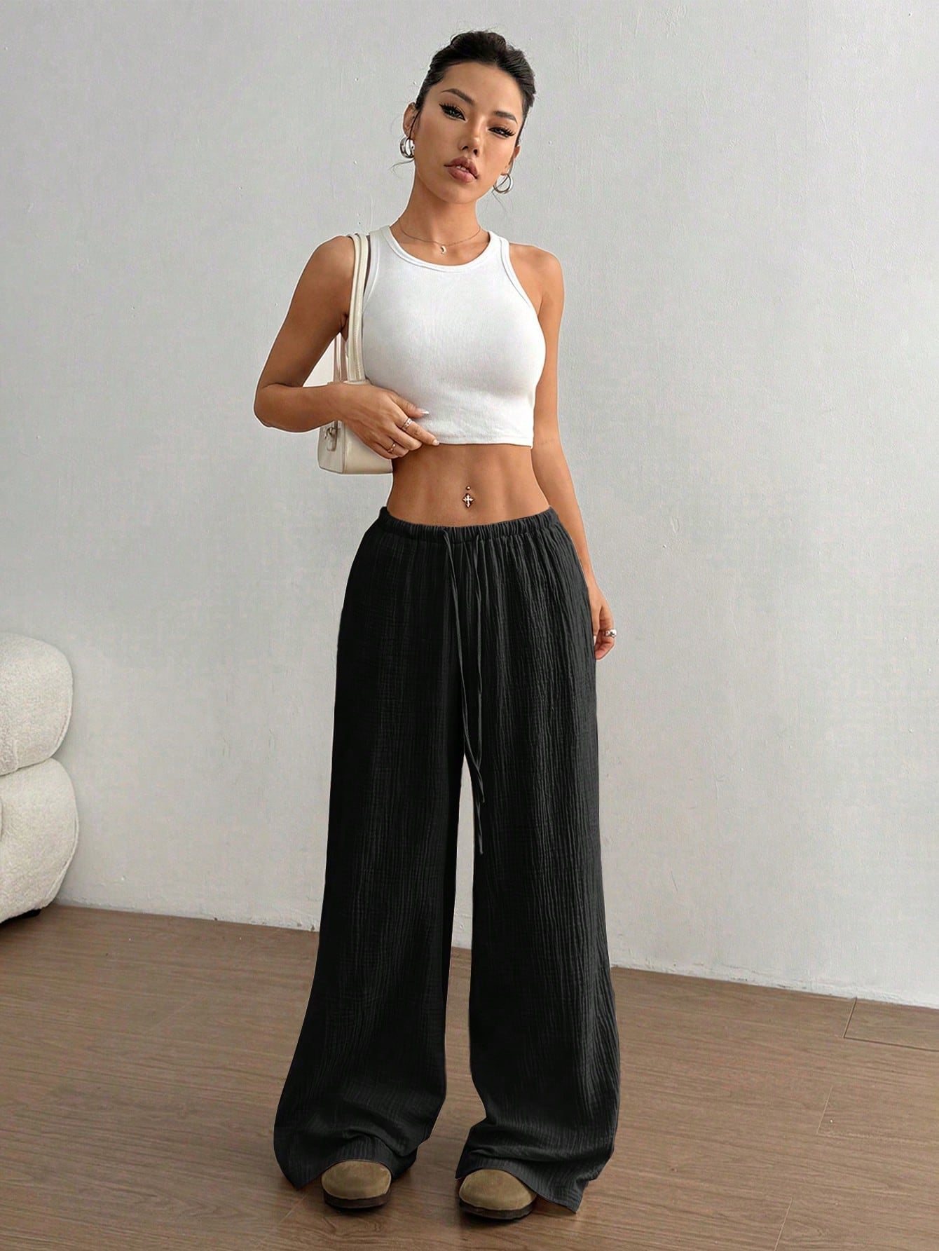 Pure Cotton Casual Solid Color Loose Wide Leg Draggle Tail Trousers