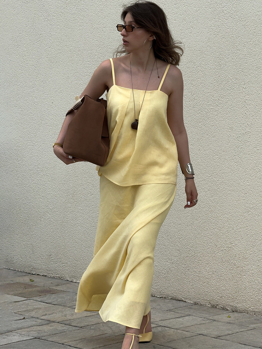 Cotton Slip Skirt Spring Summer Elegant Lazy Strap Fishtail Dress Long Skirt Two Piece Sets