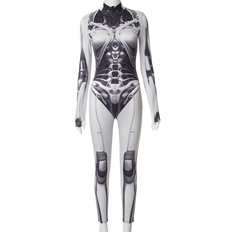 Mechanical Printing Half Turtleneck Long Sleeve One Piece Trousers High Elastic Tights Women Clothing