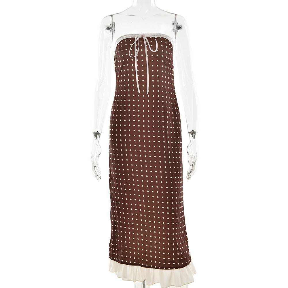 Summer French Polka Dot Tube Top Dress Sexy Backless Satin Dress