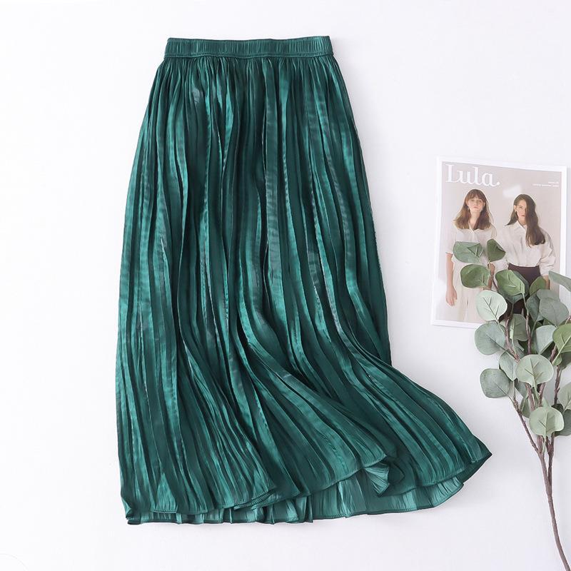 Autumn Willow Pleated Skirt Women Korean High Waist Satin Elegant Big Hem A line Skirt