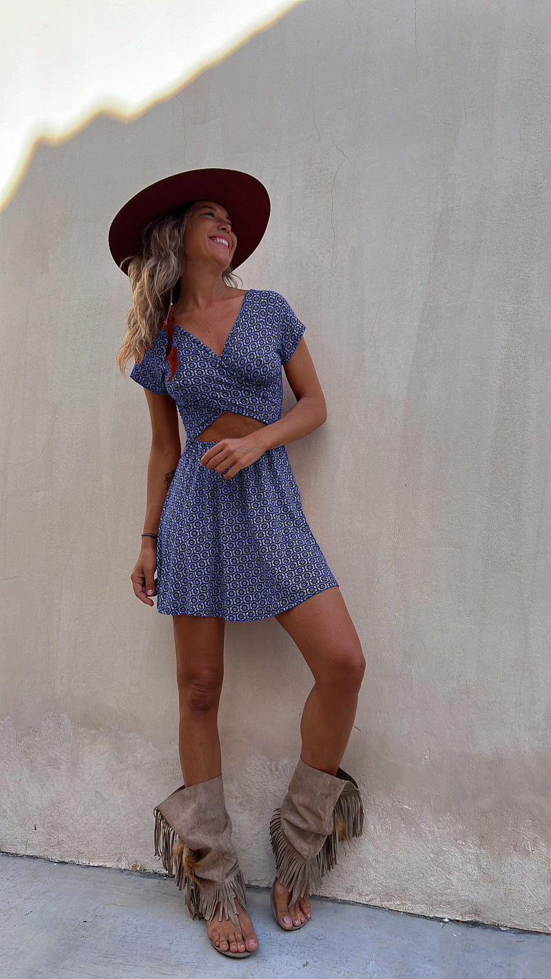 Summer Short Sleeve Two Sided Wear Printed Short Dress