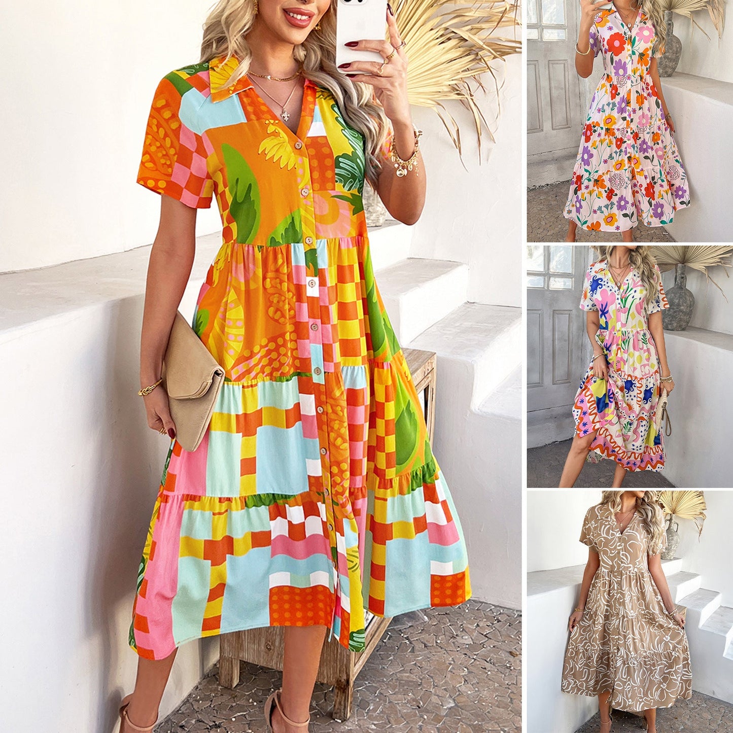Spring/Summer Casual Bohemian Vacation High Waist Geometric Contrast Dress Sub Women's Clothing