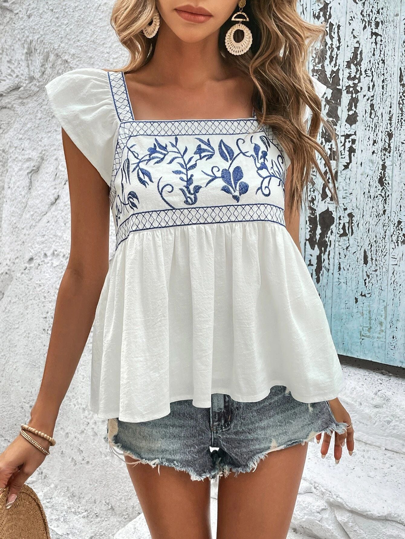 Women Clothing Summer Embroidery Tie Neck Square Collar Flying Sleeves Ruffle Top Women