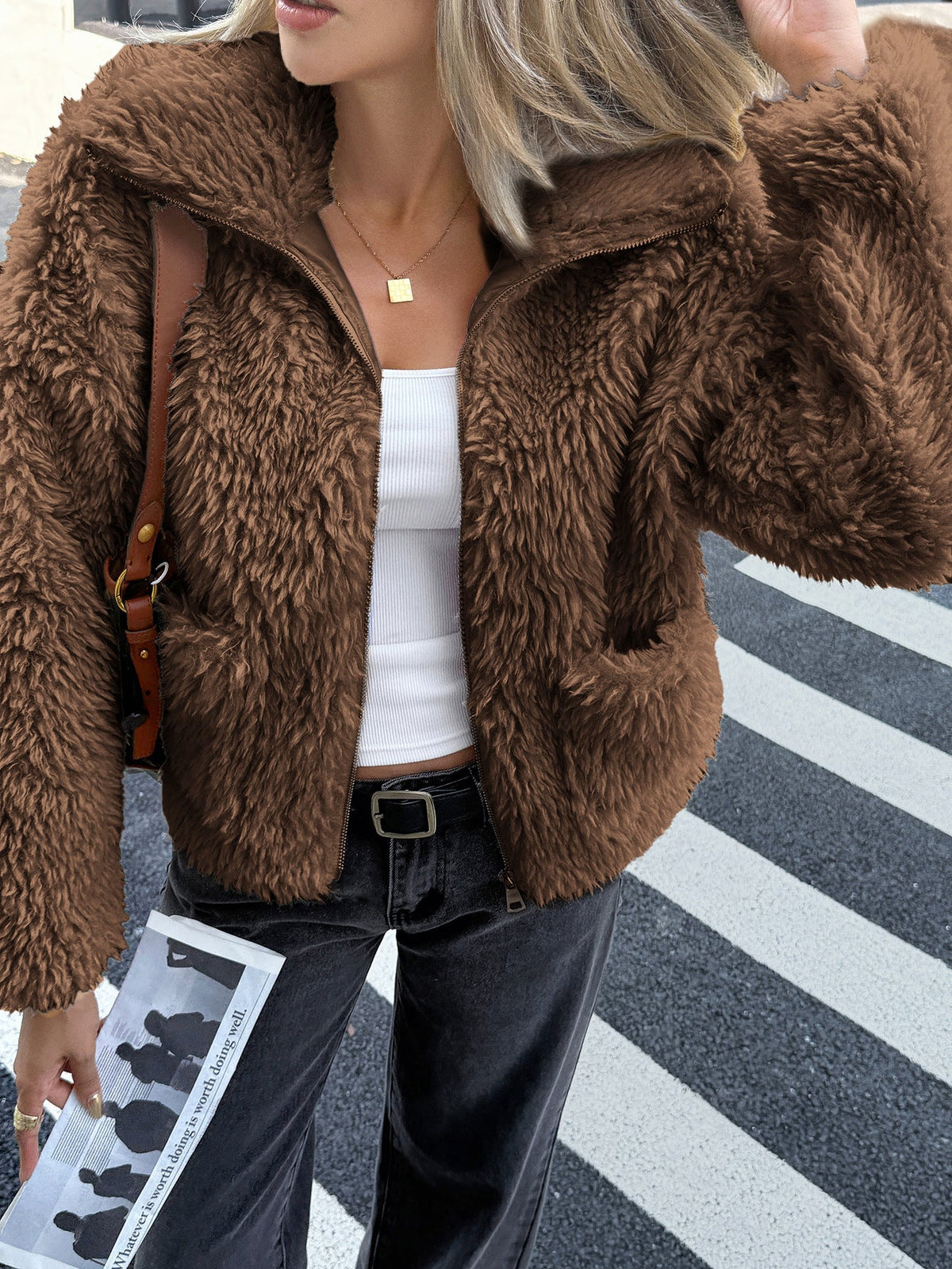Women Clothing Autumn Winter Elegant Simple Fur Long Sleeved Overcoat Coat