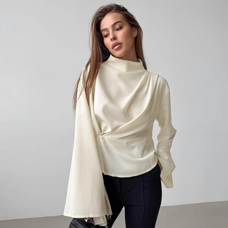 French Small Stand Collar Chiffon Bell Sleeve Pleated Split Shirt Spring Top